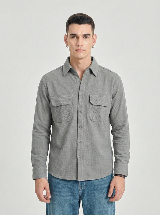 Grey Color Double Side Patch Pocket Knitted Fabric Shirt