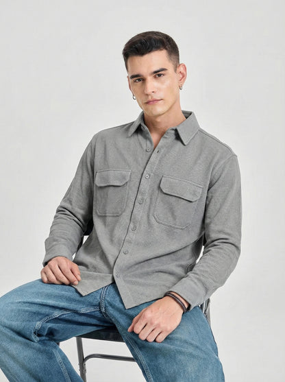 Grey Color Double Side Patch Pocket Knitted Fabric Shirt