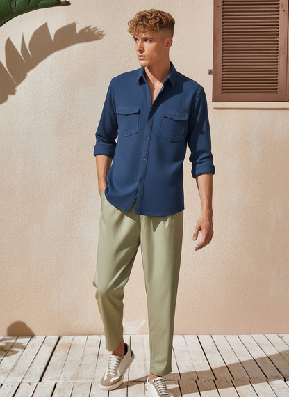 Dark Blue Color Double Side Patch Pocket Knitted Fabric Shirt