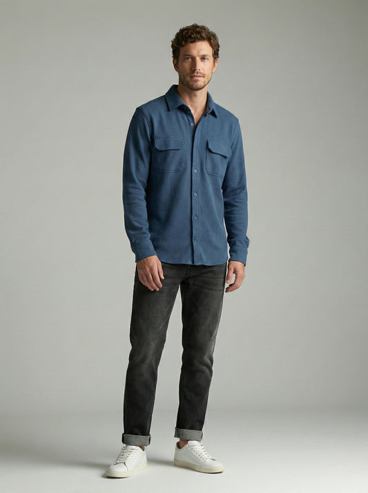 Dark Blue Color Double Side Patch Pocket Knitted Fabric Shirt
