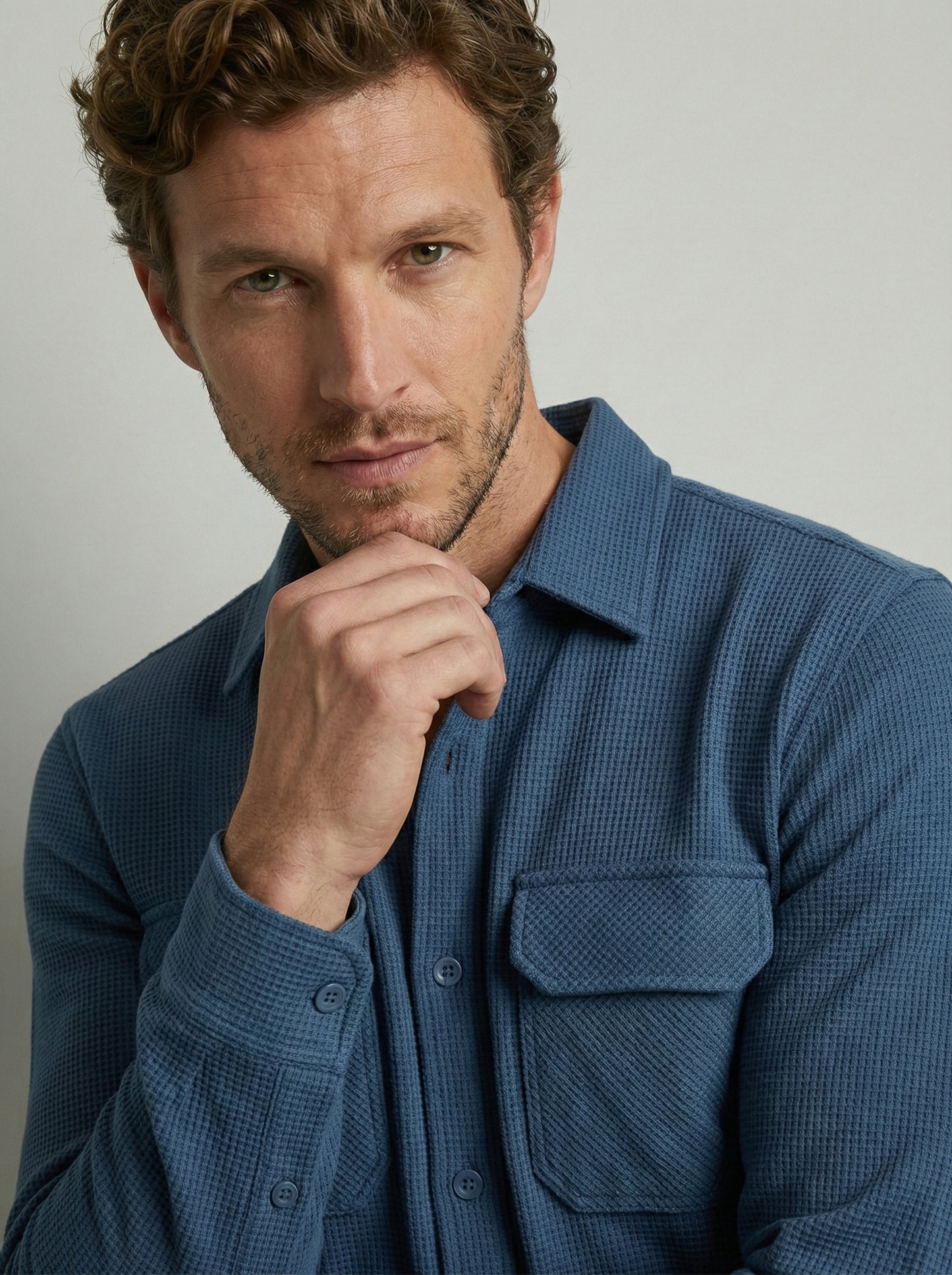 Dark Blue Color Double Side Patch Pocket Knitted Fabric Shirt