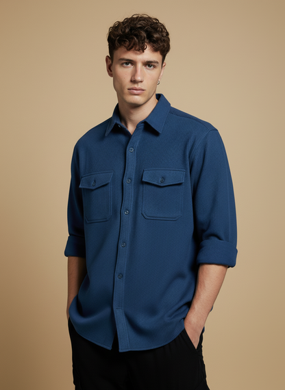 Dark Blue Color Double Side Patch Pocket Knitted Fabric Shirt