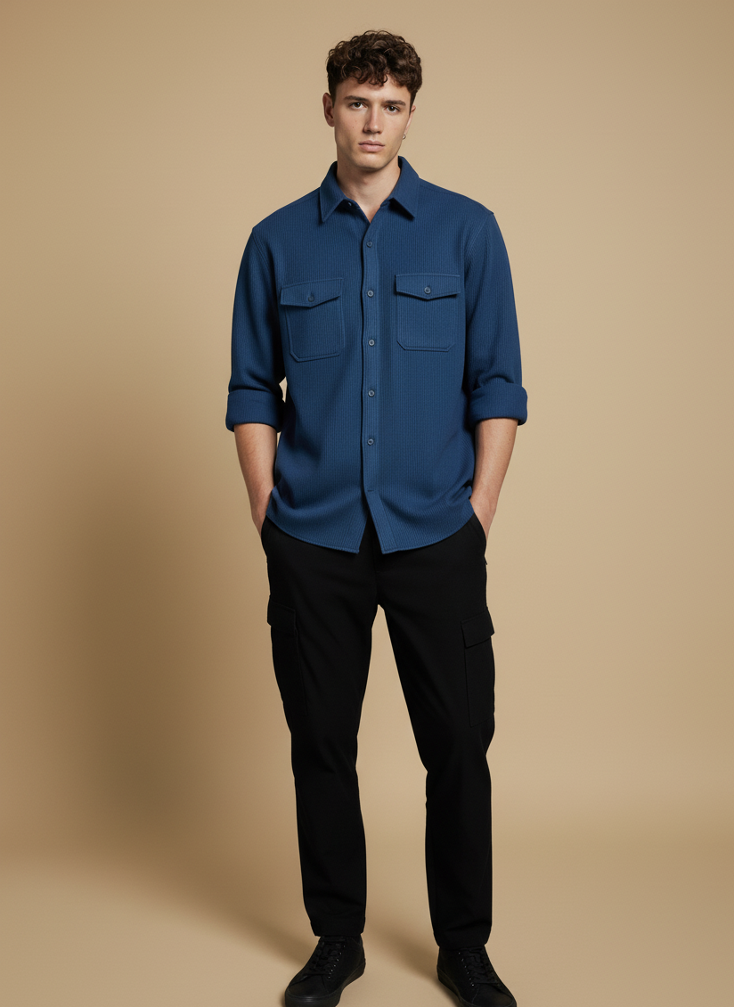 Dark Blue Color Double Side Patch Pocket Knitted Fabric Shirt
