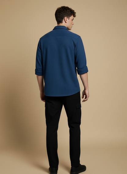 Dark Blue Color Double Side Patch Pocket Knitted Fabric Shirt