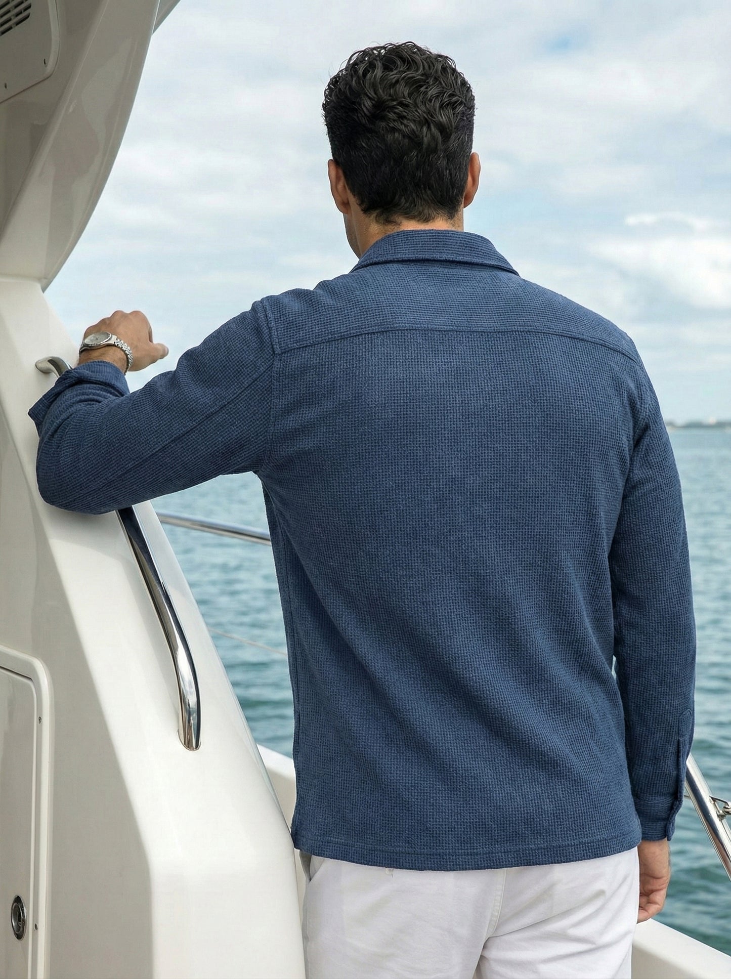 Dark Blue Color Double Side Patch Pocket Knitted Fabric Shirt