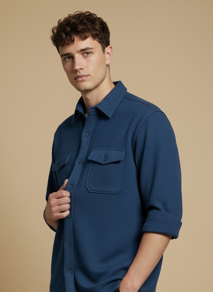 Dark Blue Color Double Side Patch Pocket Knitted Fabric Shirt