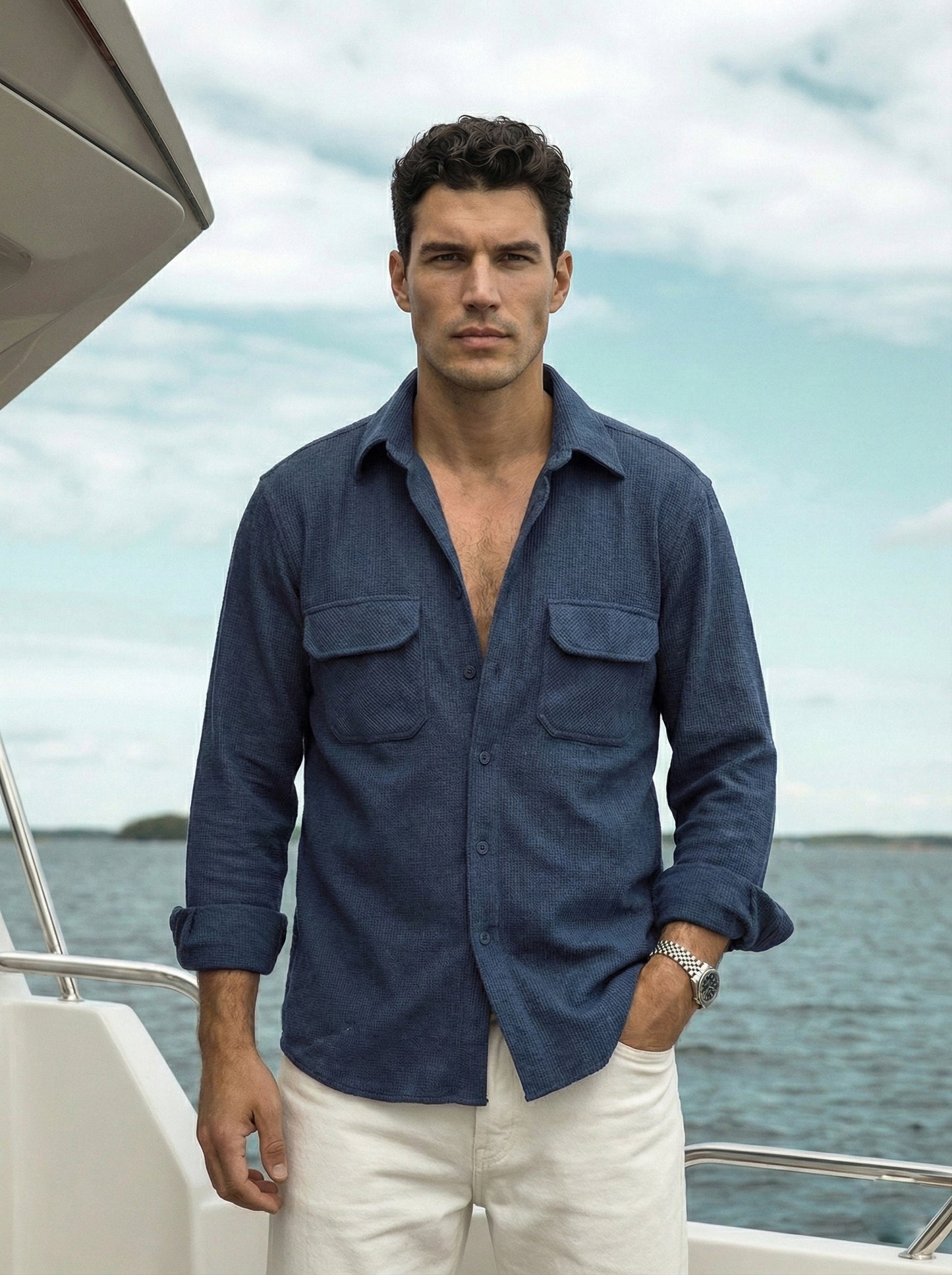 Dark Blue Color Double Side Patch Pocket Knitted Fabric Shirt