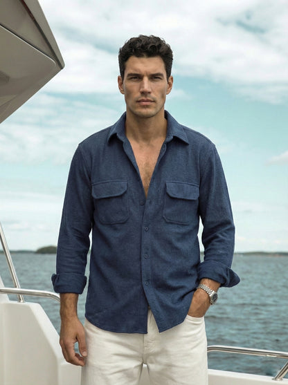 Dark Blue Color Double Side Patch Pocket Knitted Fabric Shirt