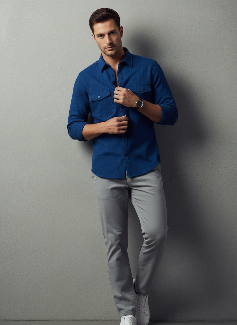Dark Blue Color Double Side Patch Pocket Knitted Fabric Shirt