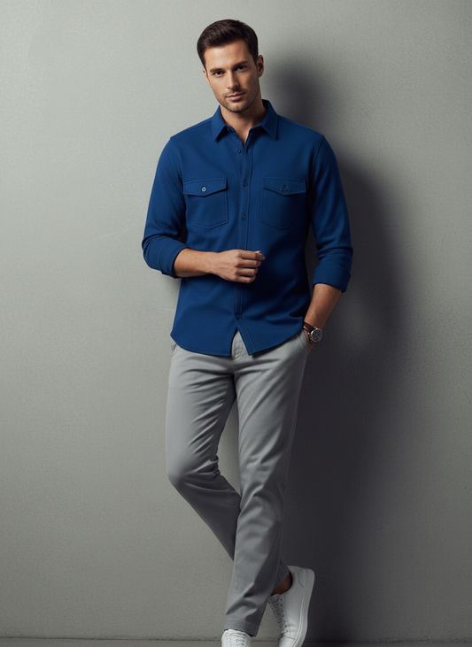 Dark Blue Color Double Side Patch Pocket Knitted Fabric Shirt