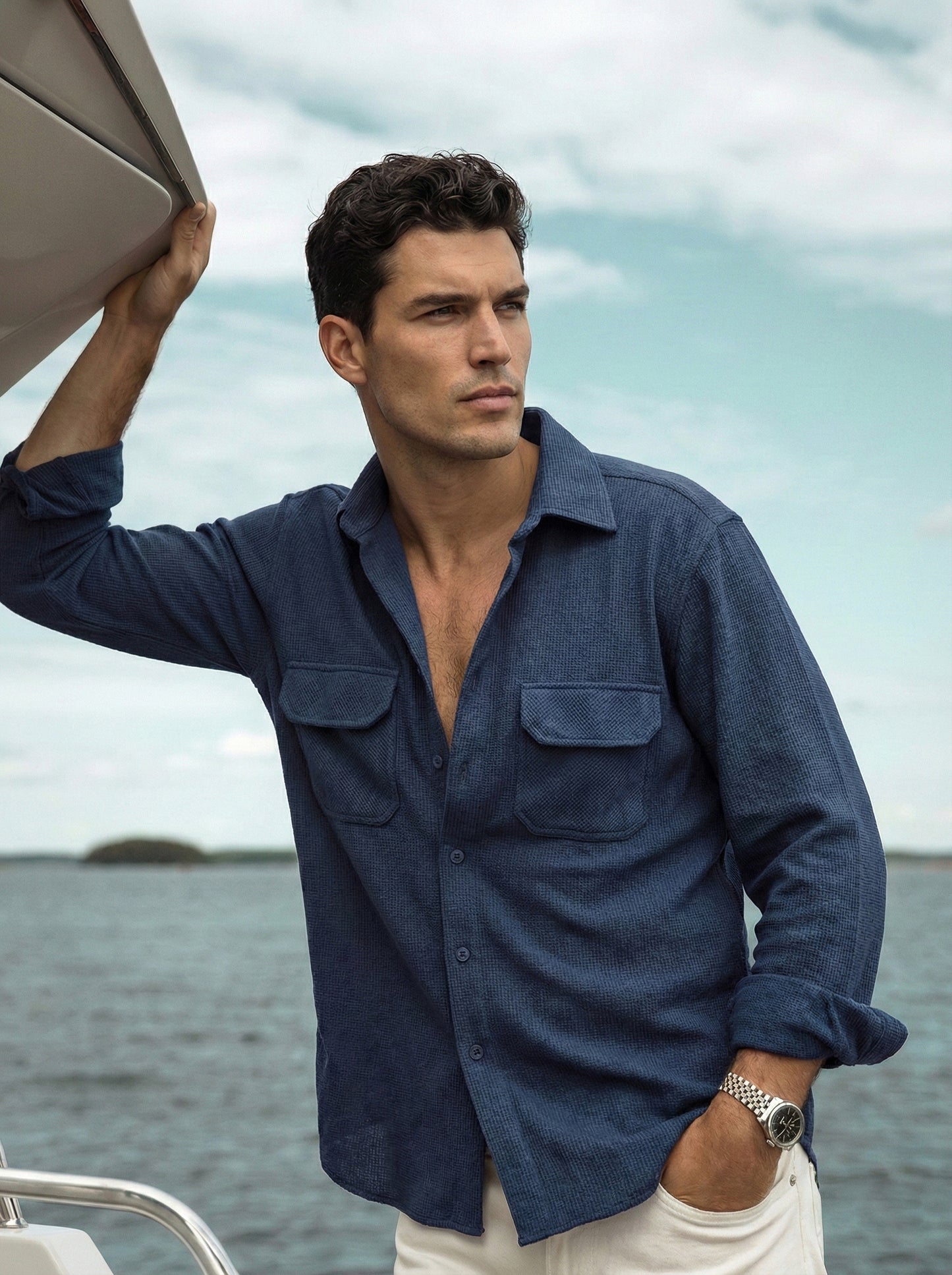 Dark Blue Color Double Side Patch Pocket Knitted Fabric Shirt