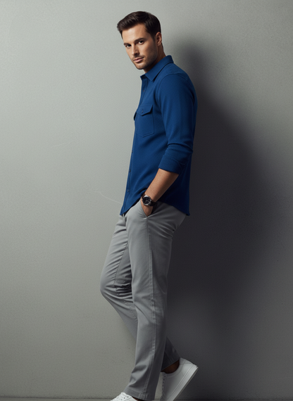 Dark Blue Color Double Side Patch Pocket Knitted Fabric Shirt