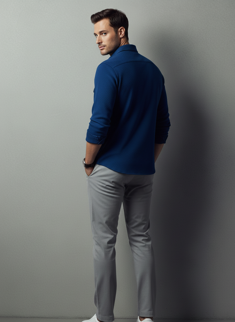 Dark Blue Color Double Side Patch Pocket Knitted Fabric Shirt