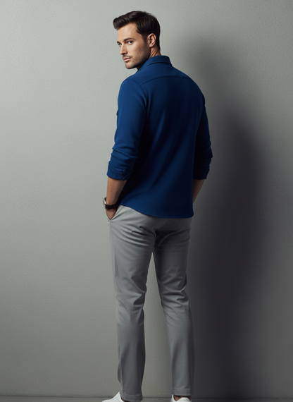 Dark Blue Color Double Side Patch Pocket Knitted Fabric Shirt