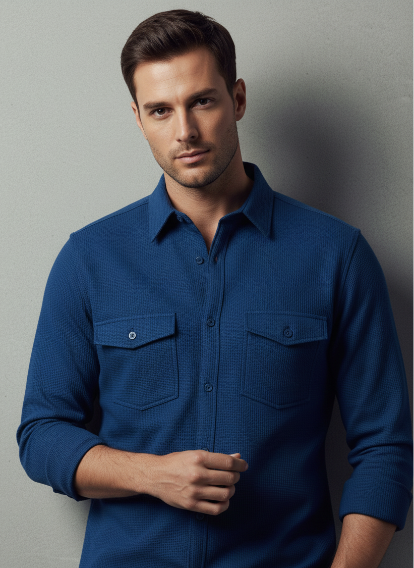 Dark Blue Color Double Side Patch Pocket Knitted Fabric Shirt