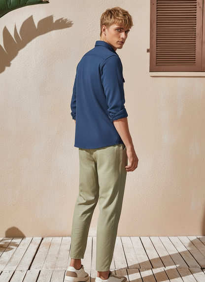 Dark Blue Color Double Side Patch Pocket Knitted Fabric Shirt