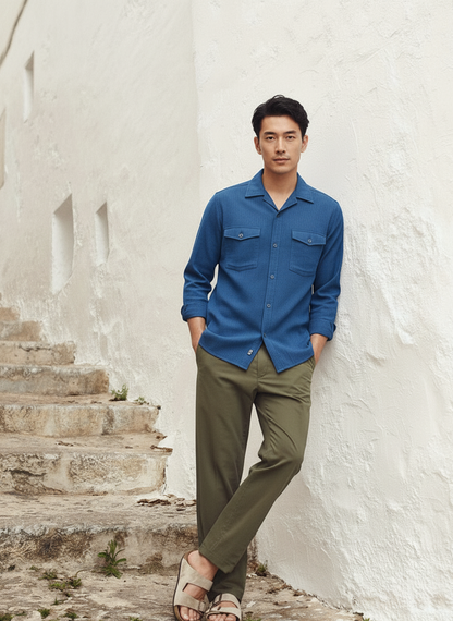 Dark Blue Color Double Side Patch Pocket Knitted Fabric Shirt