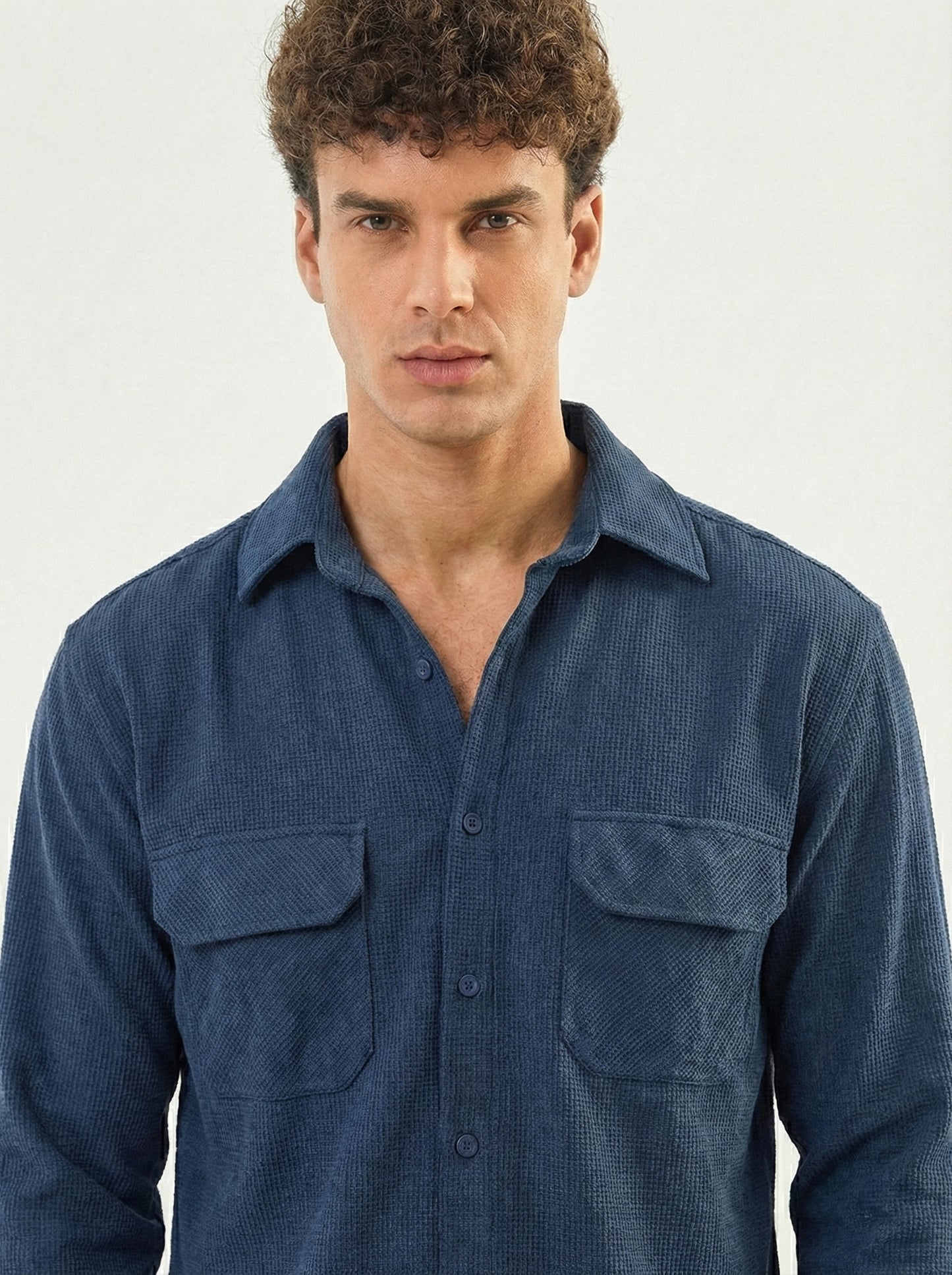 Dark Blue Color Double Side Patch Pocket Knitted Fabric Shirt