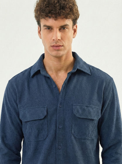 Dark Blue Color Double Side Patch Pocket Knitted Fabric Shirt