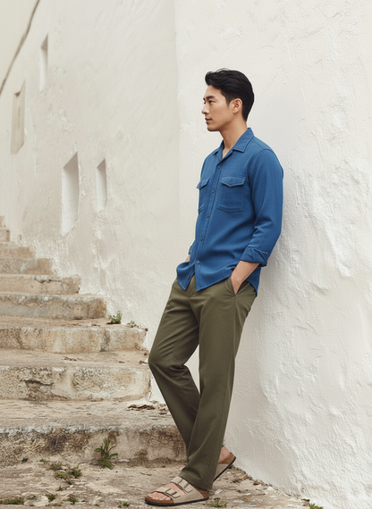 Dark Blue Color Double Side Patch Pocket Knitted Fabric Shirt