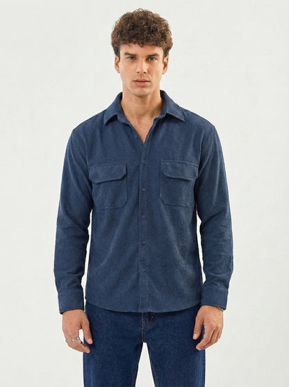 Dark Blue Color Double Side Patch Pocket Knitted Fabric Shirt
