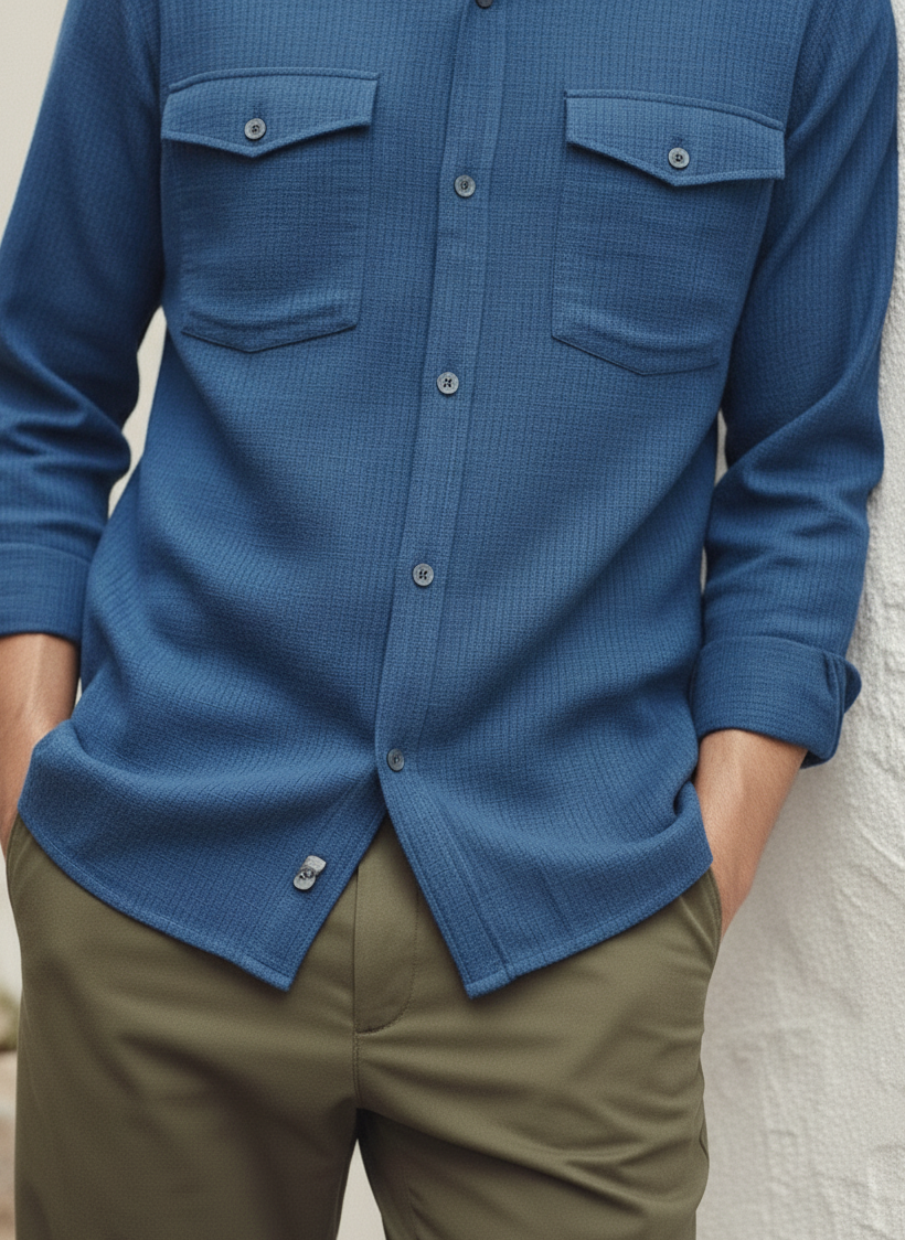 Dark Blue Color Double Side Patch Pocket Knitted Fabric Shirt