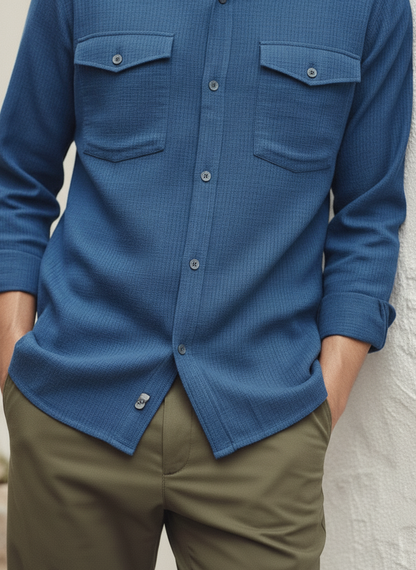 Dark Blue Color Double Side Patch Pocket Knitted Fabric Shirt