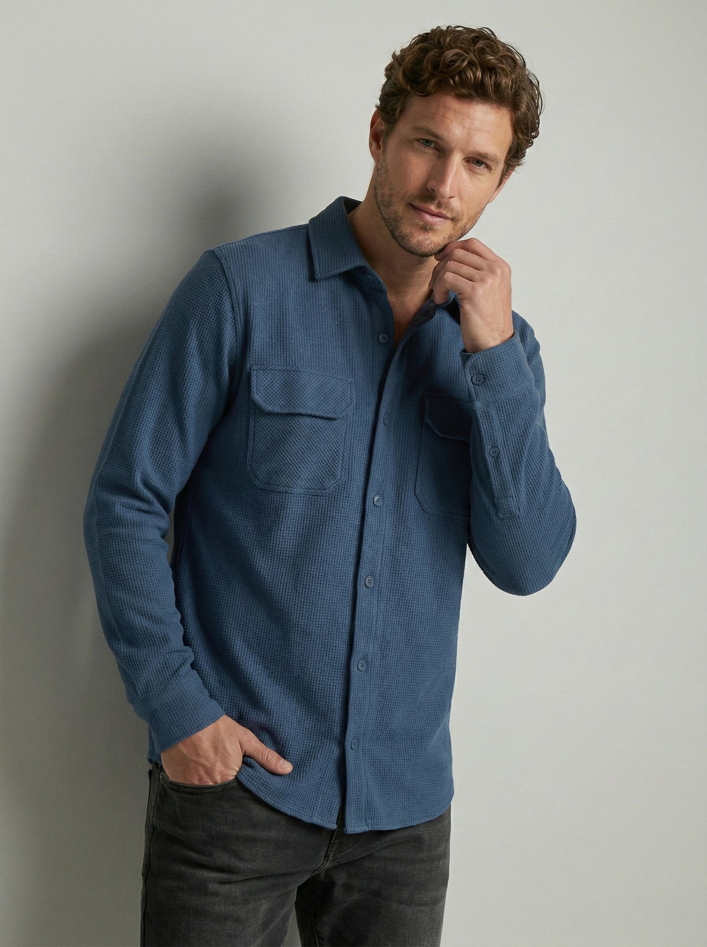 Dark Blue Color Double Side Patch Pocket Knitted Fabric Shirt