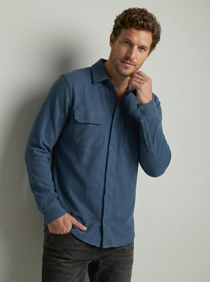 Dark Blue Color Double Side Patch Pocket Knitted Fabric Shirt