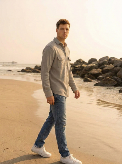 Grey Color Double Side Patch Pocket Knitted Fabric Shirt