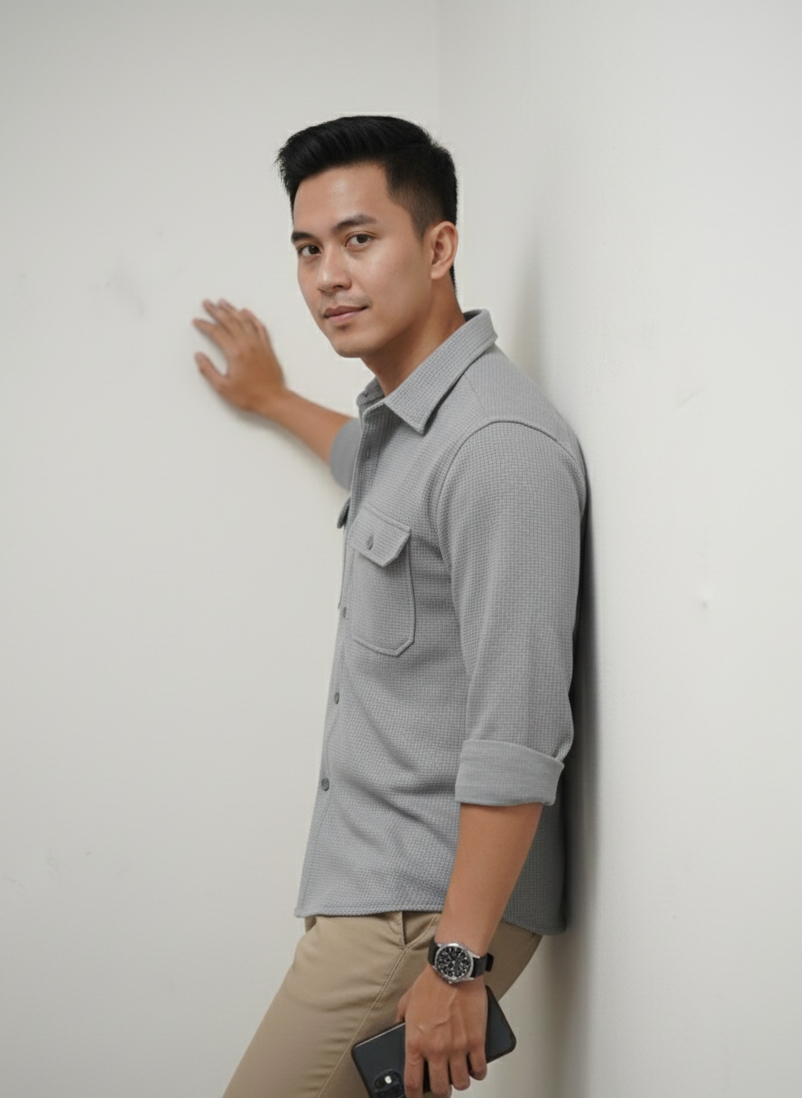 Grey Color Double Side Patch Pocket Knitted Fabric Shirt