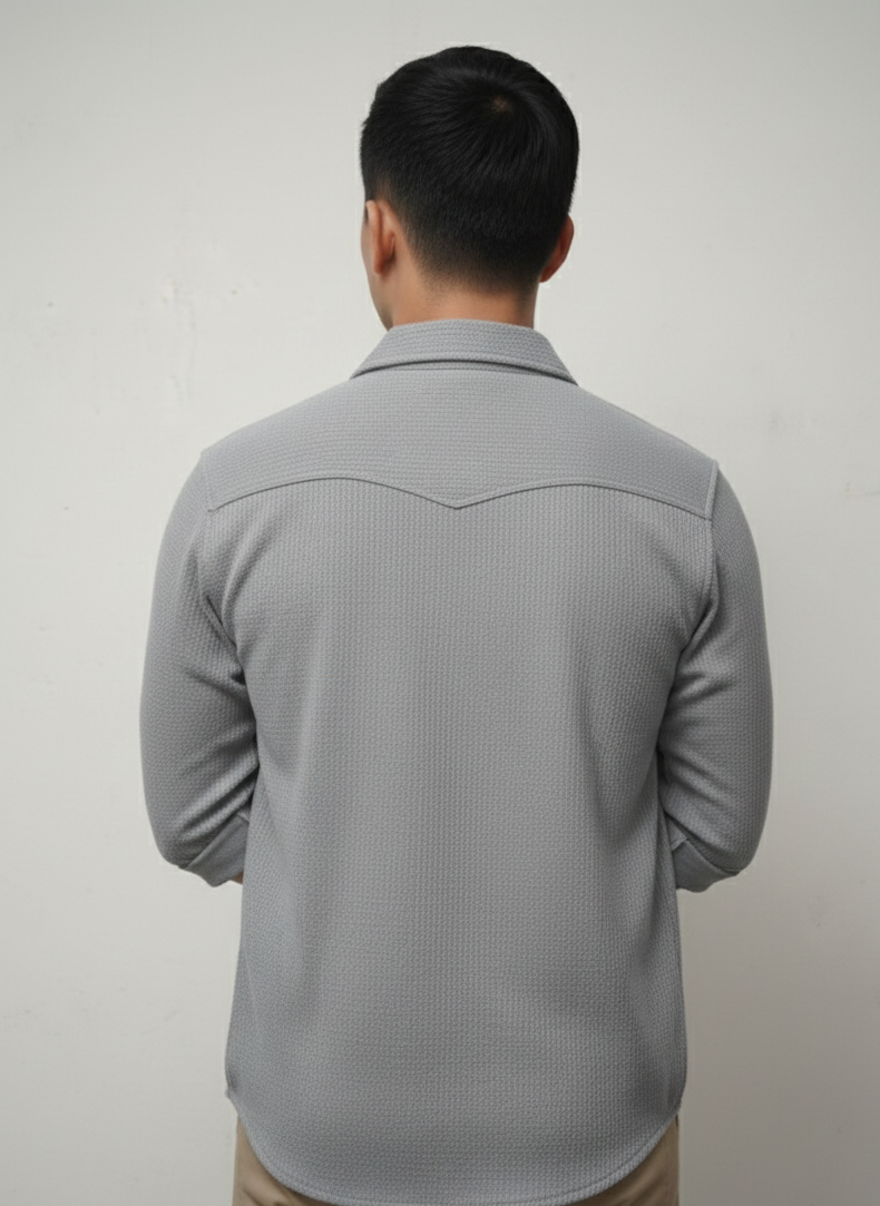 Grey Color Double Side Patch Pocket Knitted Fabric Shirt
