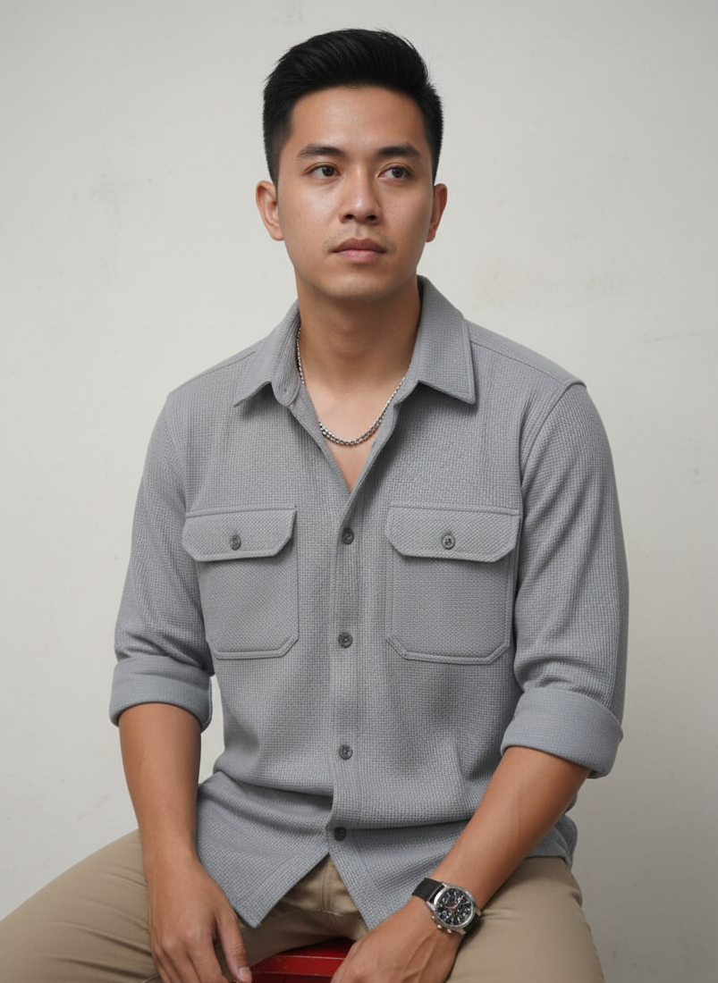 Grey Color Double Side Patch Pocket Knitted Fabric Shirt