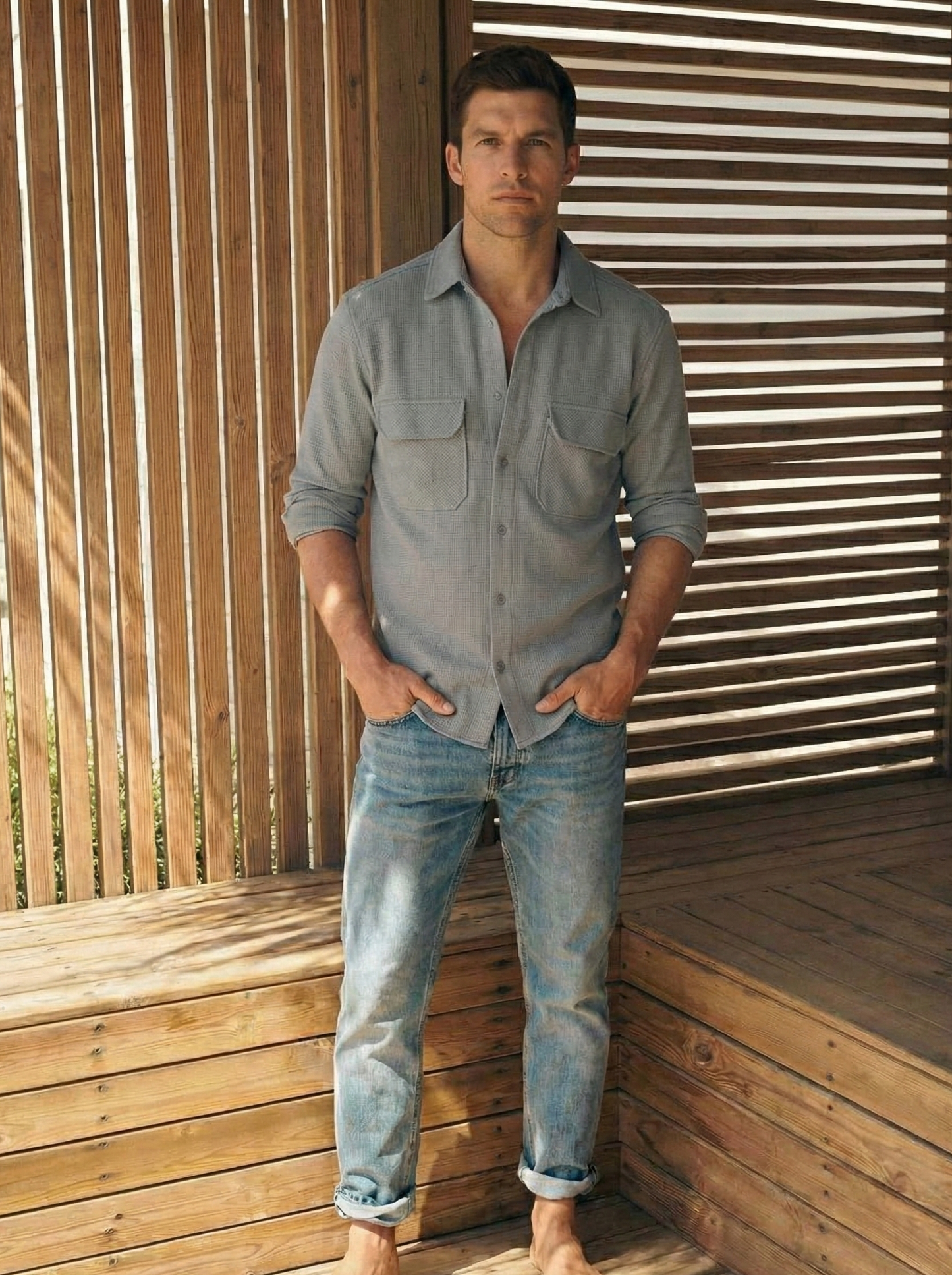 Grey Color Double Side Patch Pocket Knitted Fabric Shirt