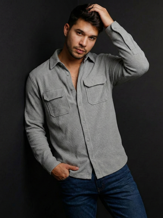 Grey Color Double Side Patch Pocket Knitted Fabric Shirt