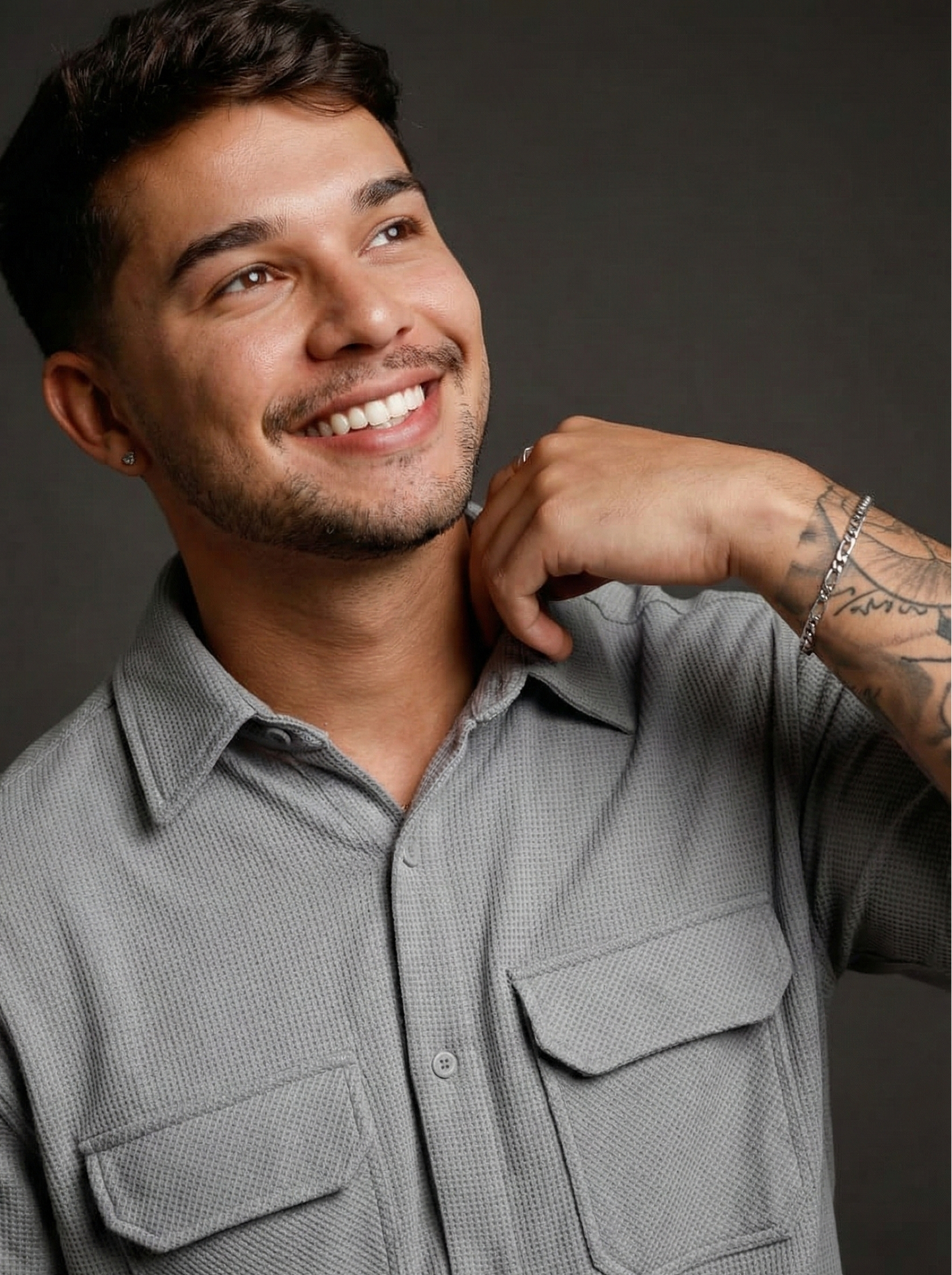 Grey Color Double Side Patch Pocket Knitted Fabric Shirt