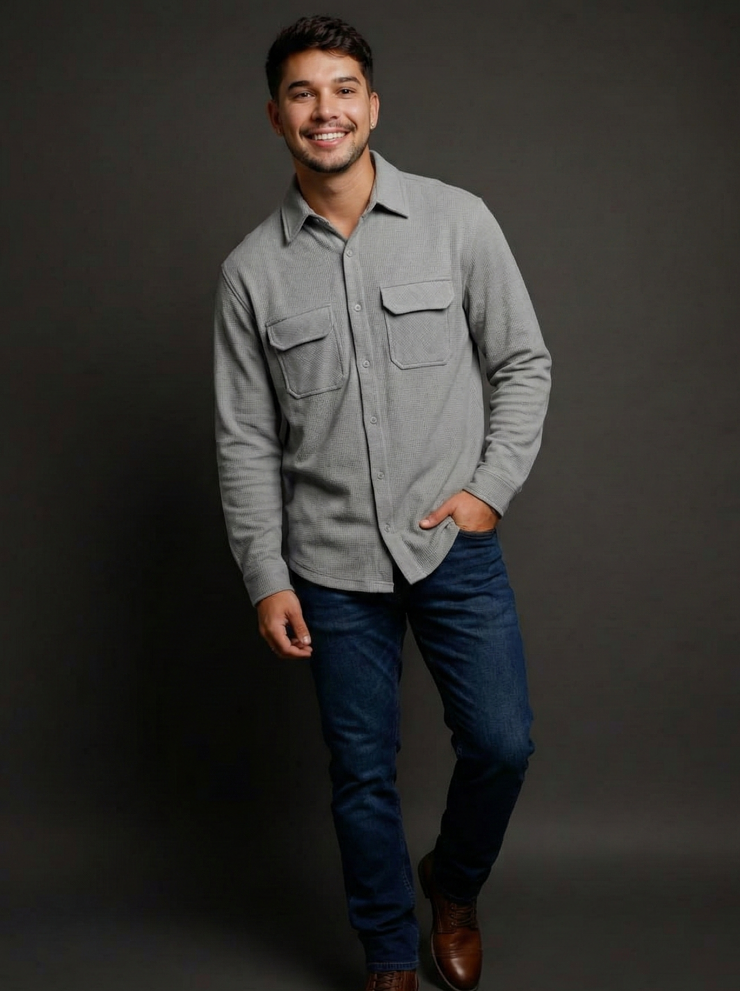 Grey Color Double Side Patch Pocket Knitted Fabric Shirt