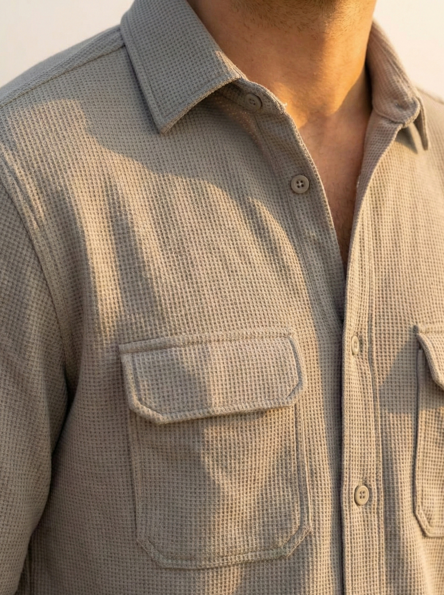 Grey Color Double Side Patch Pocket Knitted Fabric Shirt