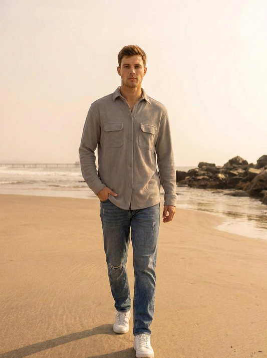 Grey Color Double Side Patch Pocket Knitted Fabric Shirt