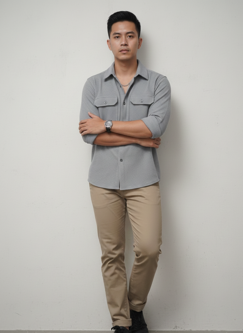 Grey Color Double Side Patch Pocket Knitted Fabric Shirt