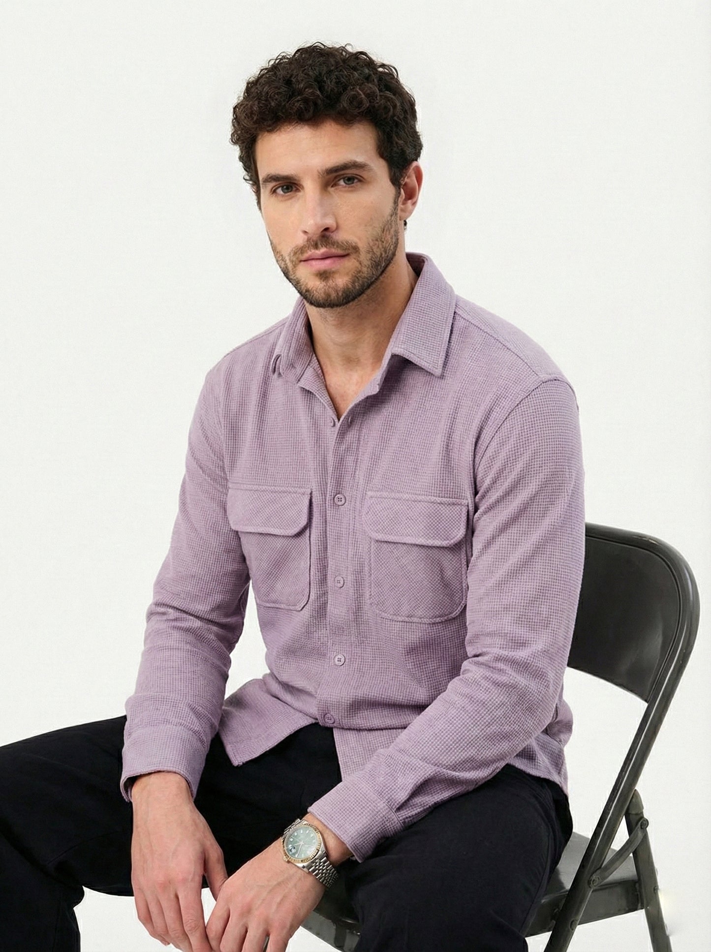 Purple Color Double Side Patch Pocket Knitted Shirt