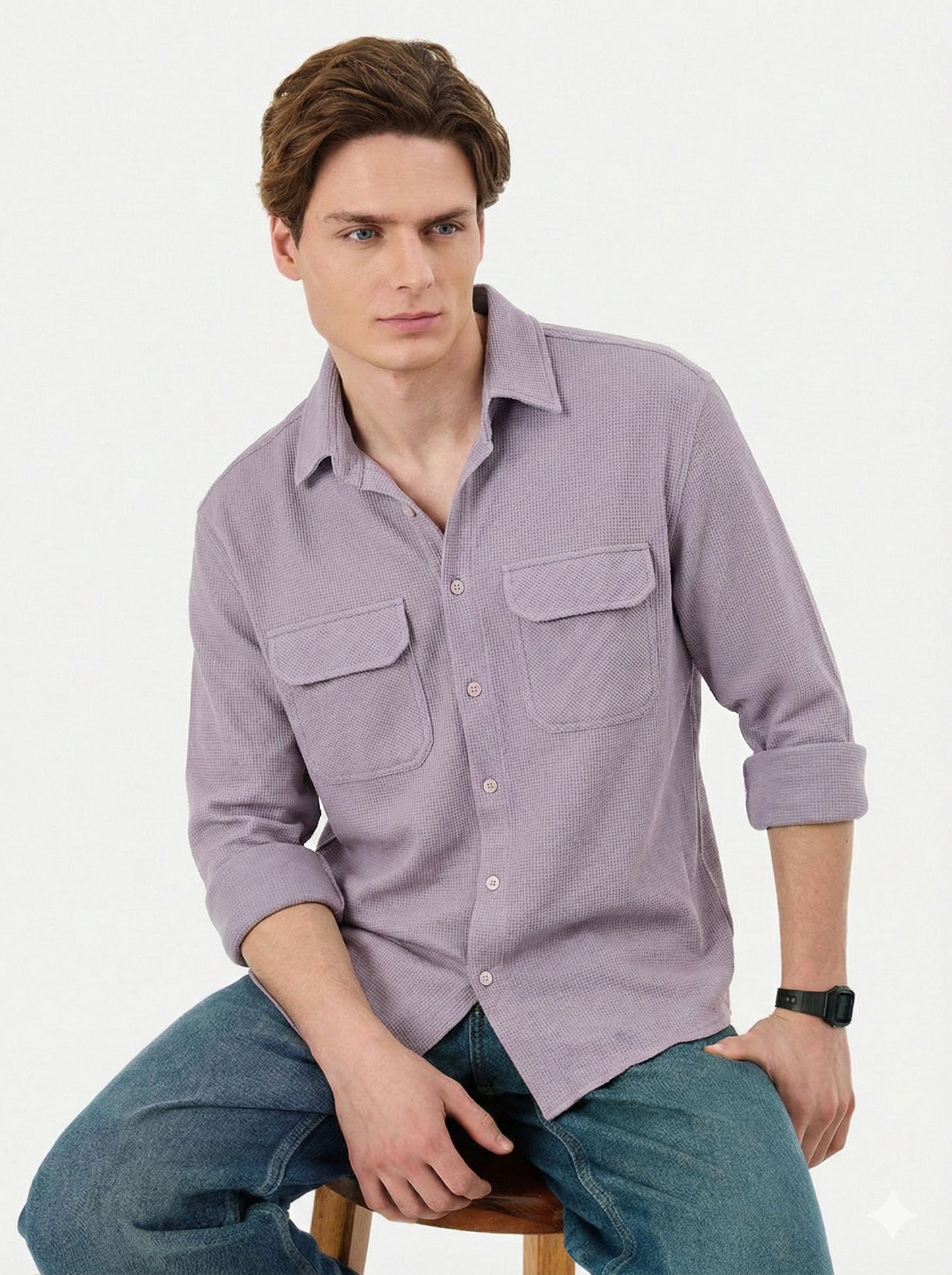 Purple Color Double Side Patch Pocket Knitted Shirt