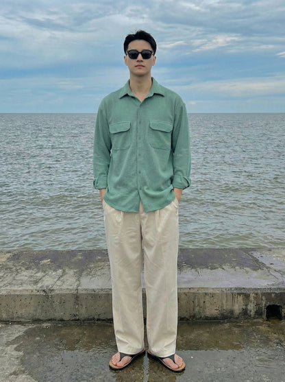 Sea Green Color Double Side Patch Pocket Knitted Fabric Shirt