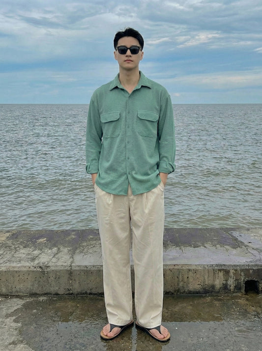 Sea Green Color Double Side Patch Pocket Knitted Fabric Shirt