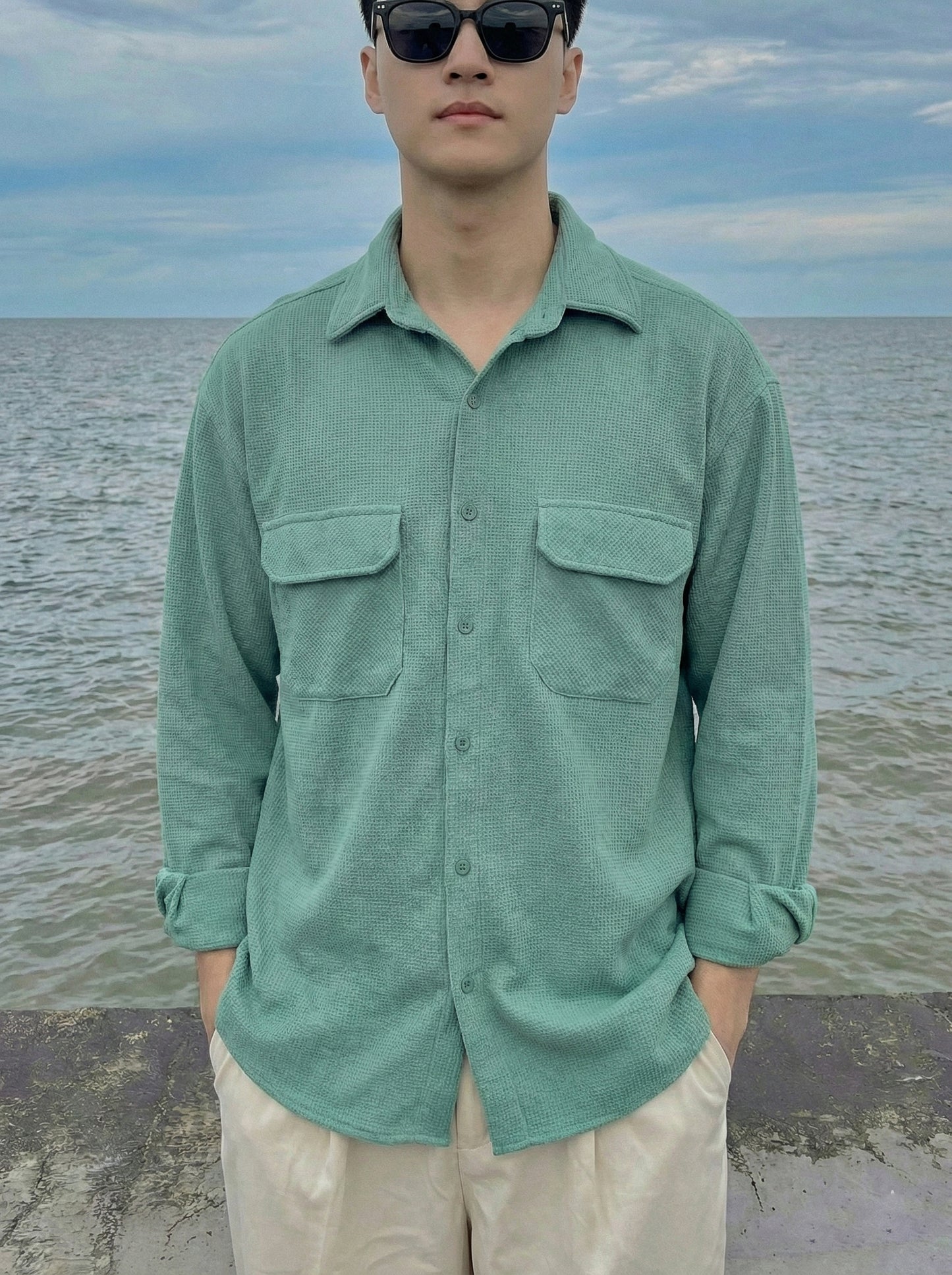 Sea Green Color Double Side Patch Pocket Knitted Fabric Shirt