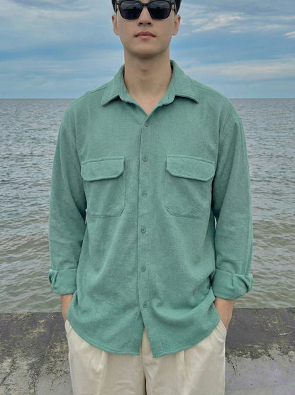 Sea Green Color Double Side Patch Pocket Knitted Fabric Shirt