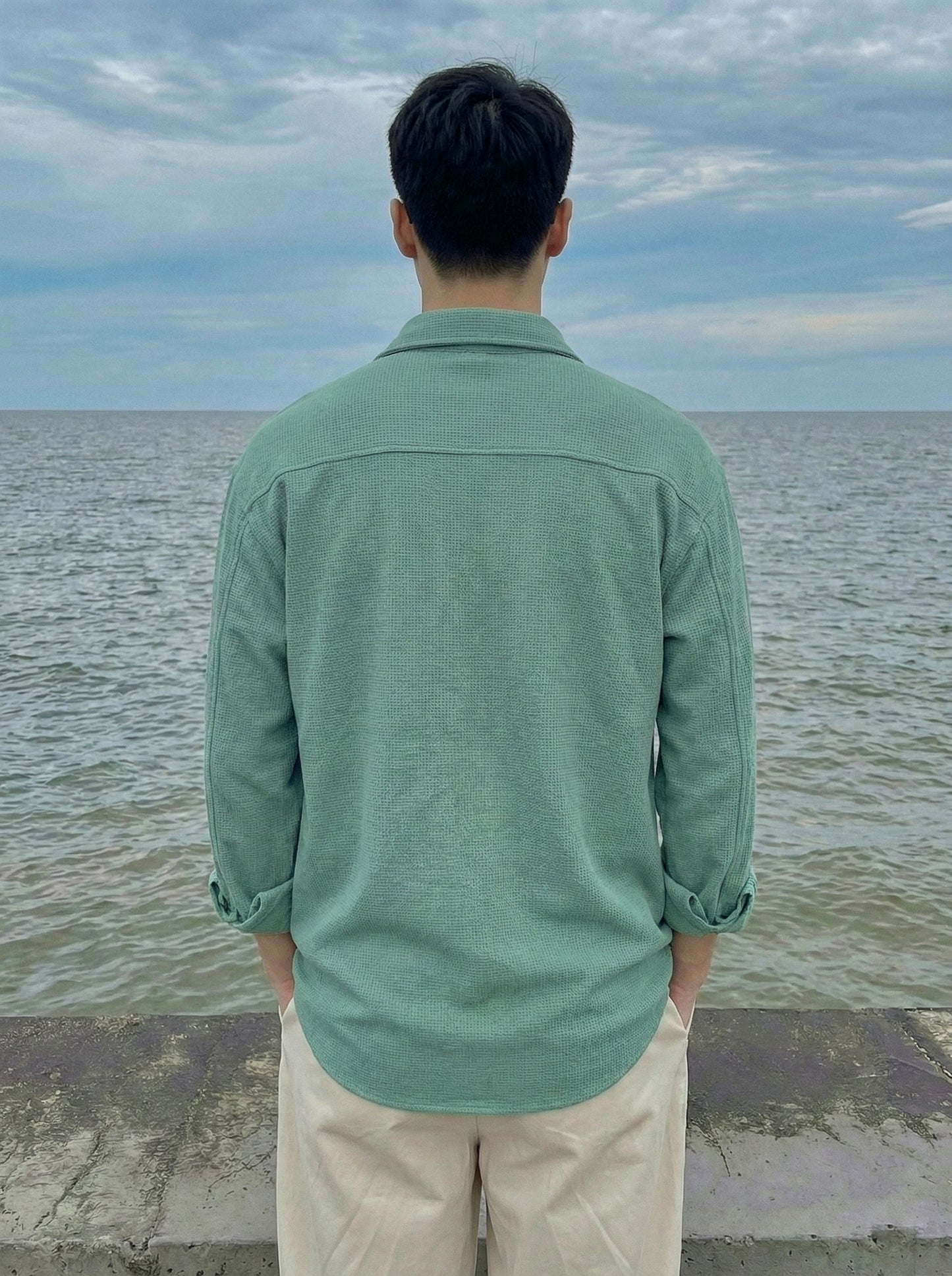 Sea Green Color Double Side Patch Pocket Knitted Fabric Shirt