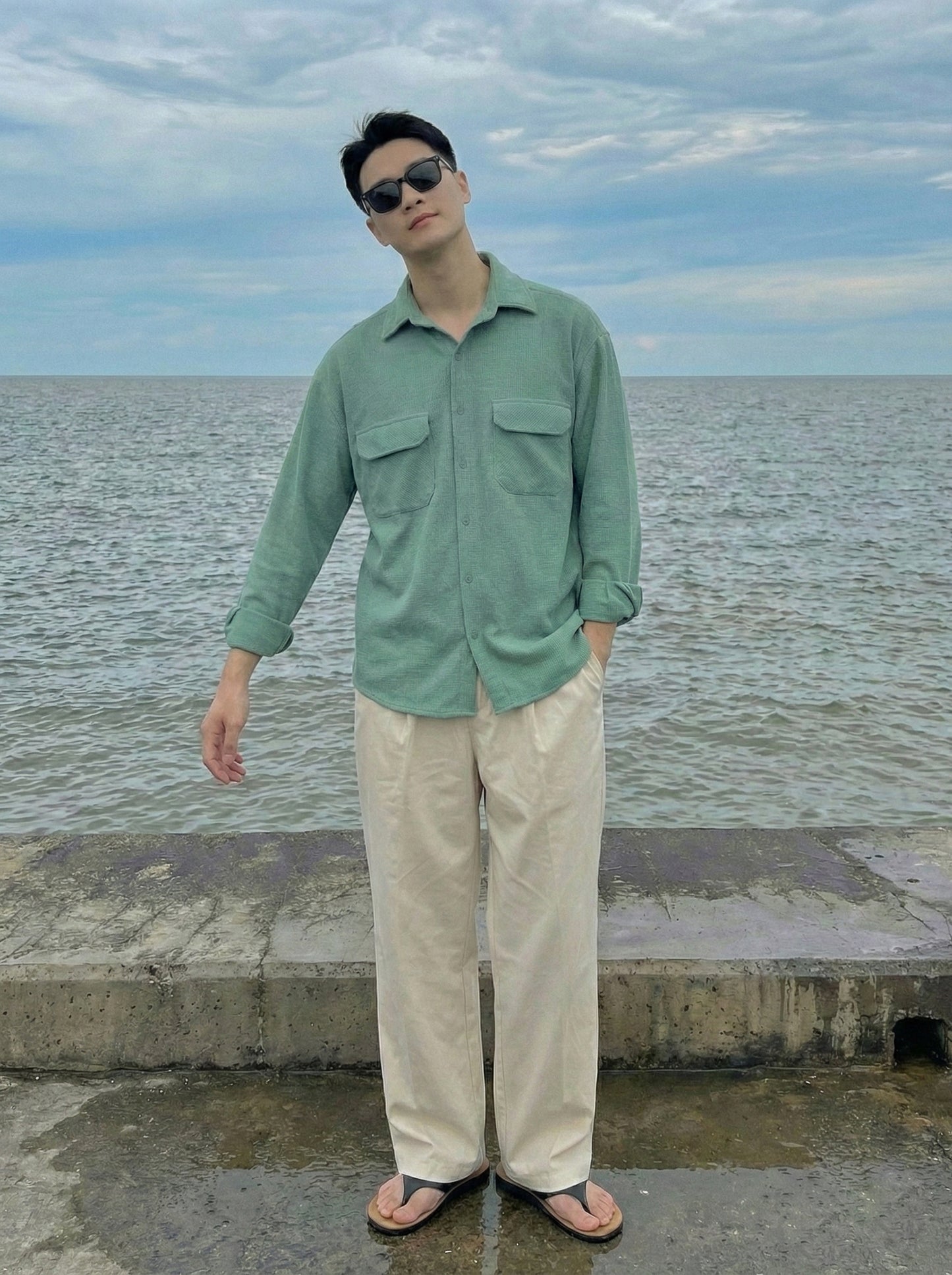 Sea Green Color Double Side Patch Pocket Knitted Fabric Shirt