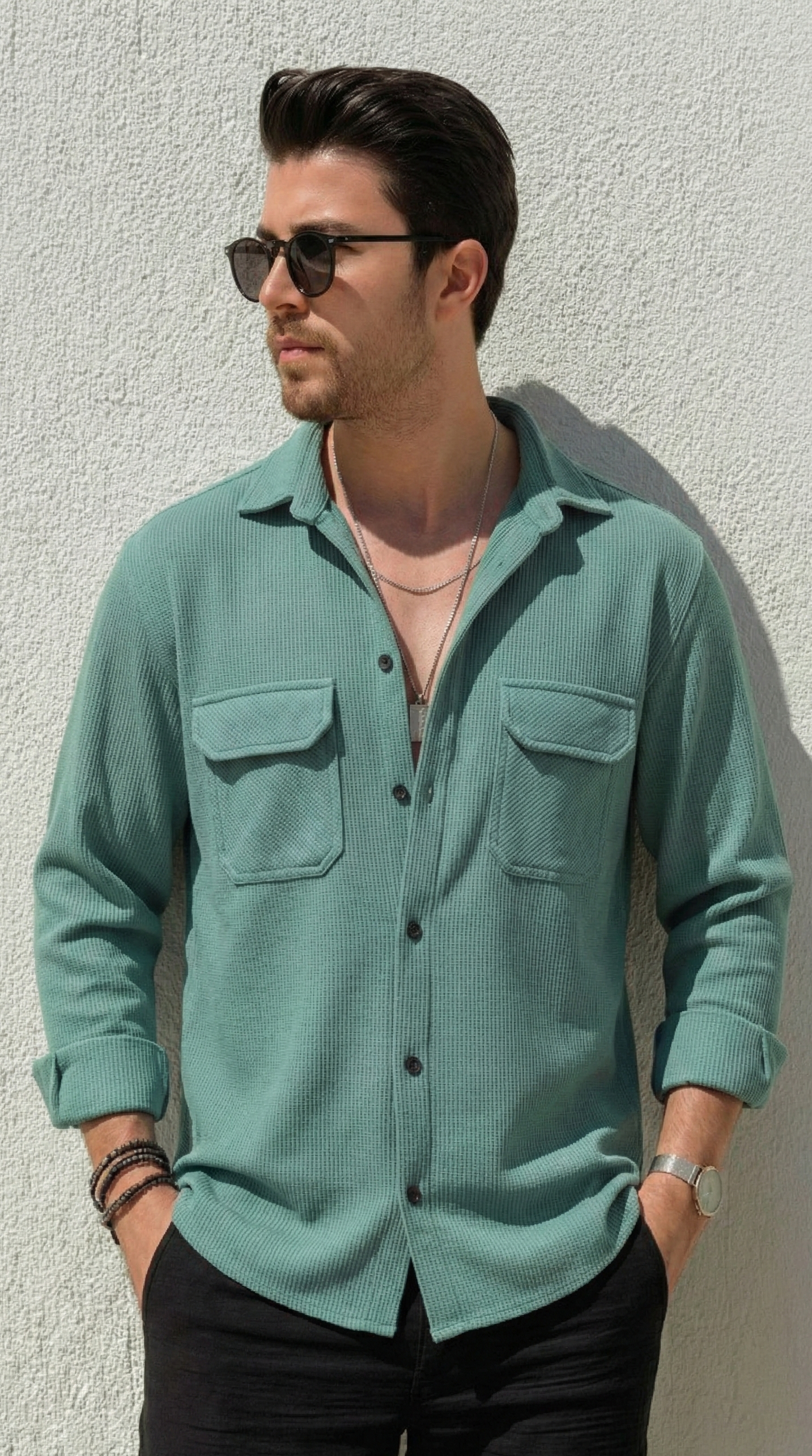 Sea Green Color Double Side Patch Pocket Knitted Fabric Shirt