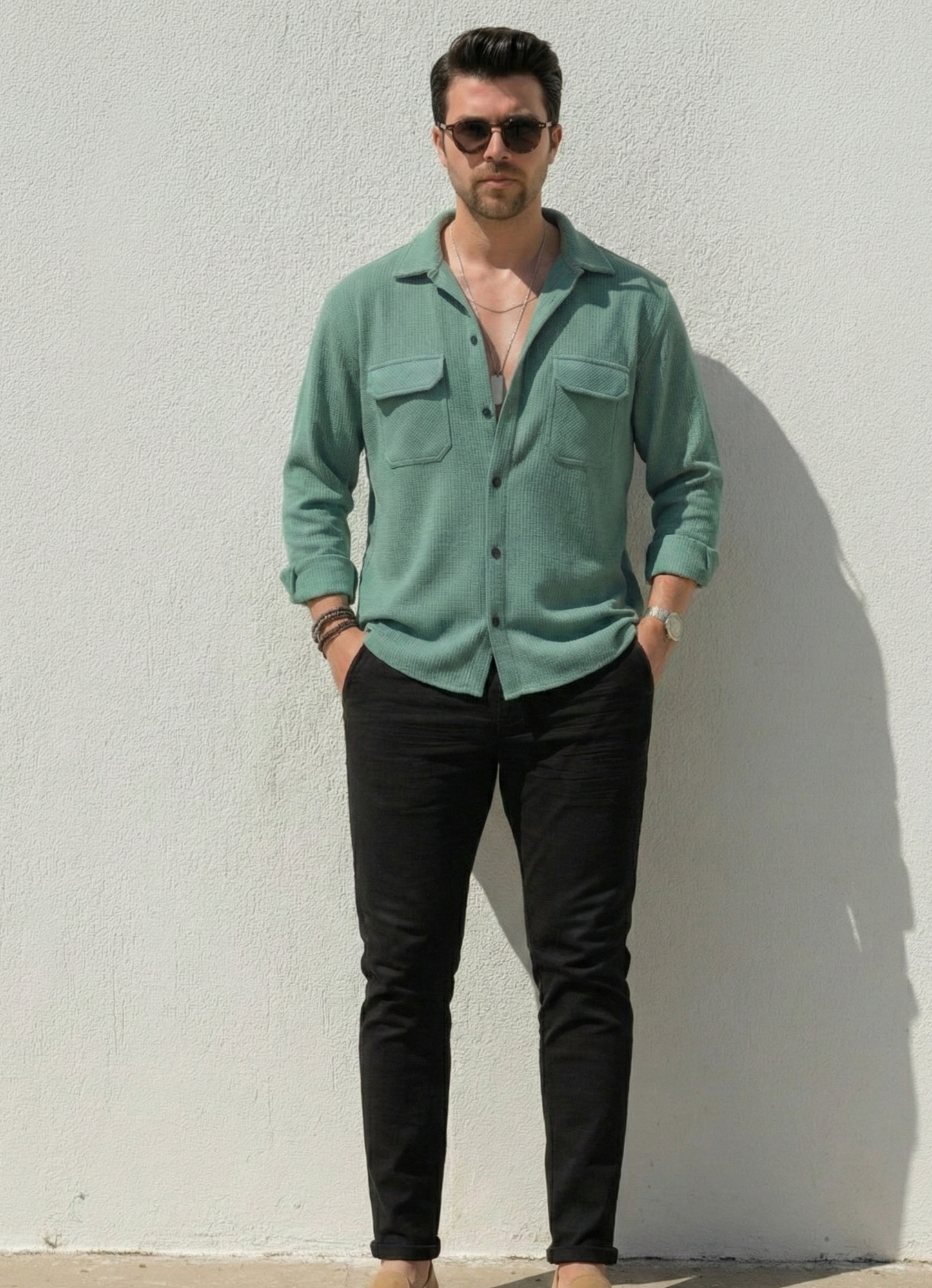 Sea Green Color Double Side Patch Pocket Knitted Fabric Shirt